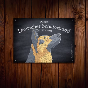 Hundeschild mit einer Deutscher Schäferhund Kreidezeichnung an einer Holzwand