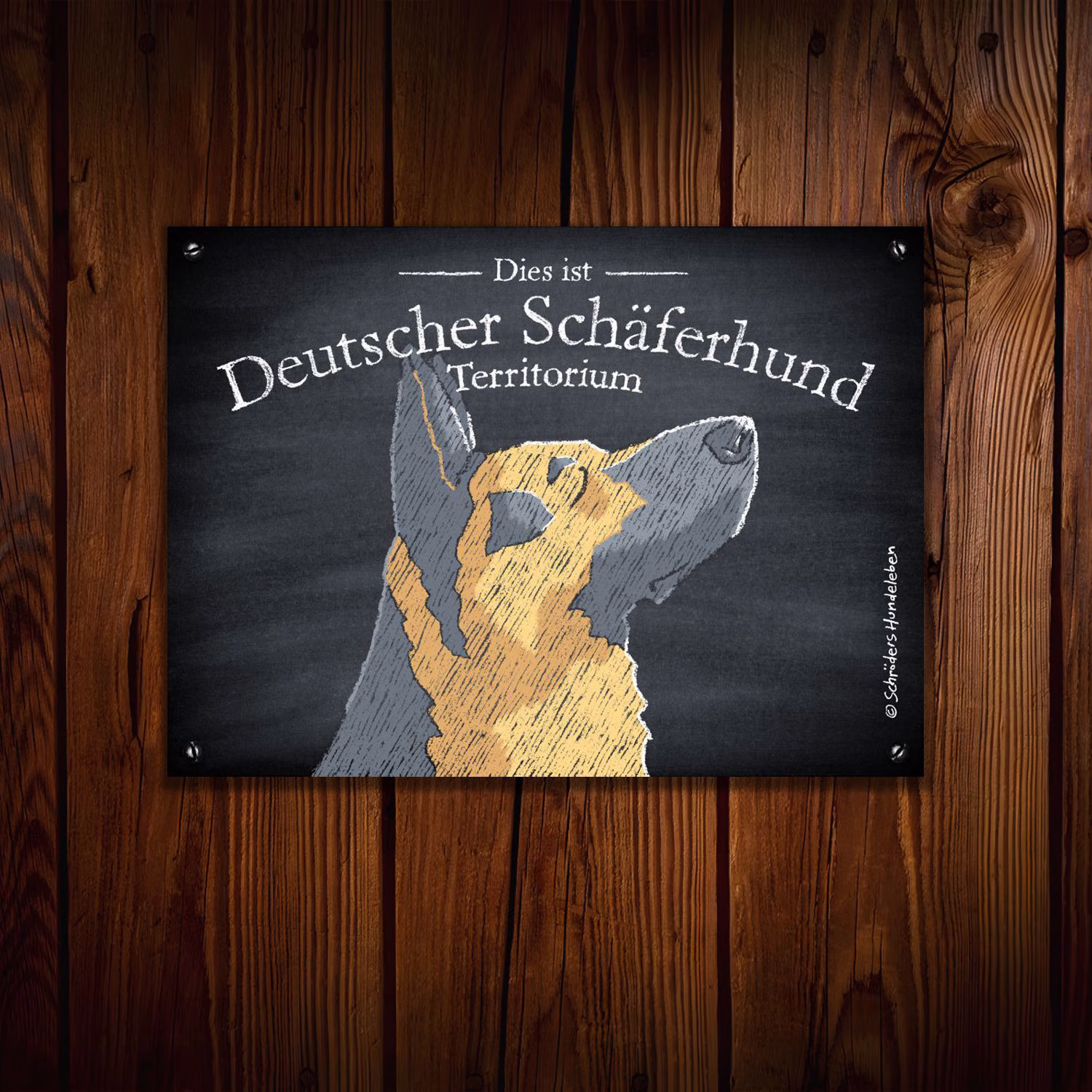 Hundeschild mit einer Deutscher Schäferhund Kreidezeichnung an einer Holzwand
