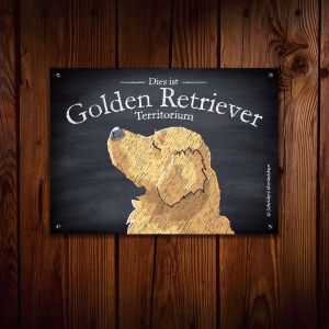Hundeschild mit einer Golden Retriever Kreidezeichnung an einer Holzwand