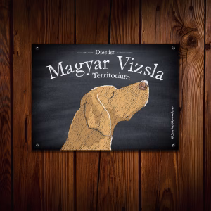 Hundeschild mit einer Magyar Vizsla Kreidezeichnung an einer Holzwand