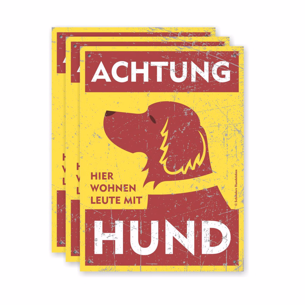 Drei Hundewarnschilder aus Alu-Verbund für verschiedene Rassen überlappend angeordnet