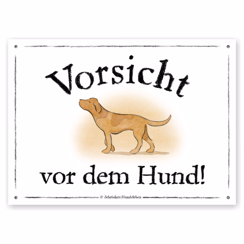 Hundewarnschild in nostalgischem Look auf weißem Grund: Ein Hund posiert mit erhobenem Kopf. Text: Vorsicht vor dem Hund!