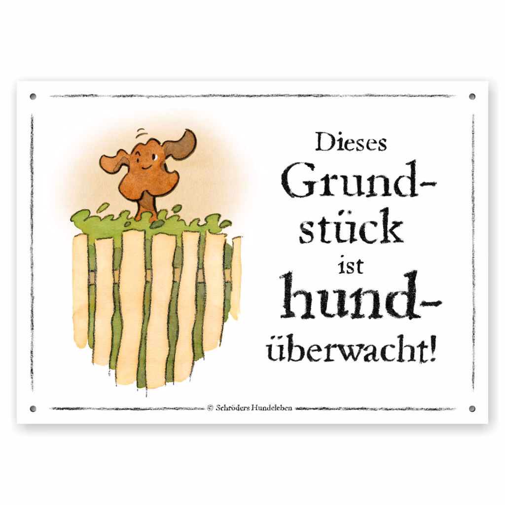 Lustiges Hundewarnschild: Hund hüpft hinterm Zaun auf und ab mit dem Text: "Dieses Grundstück ist hundüberwacht!"